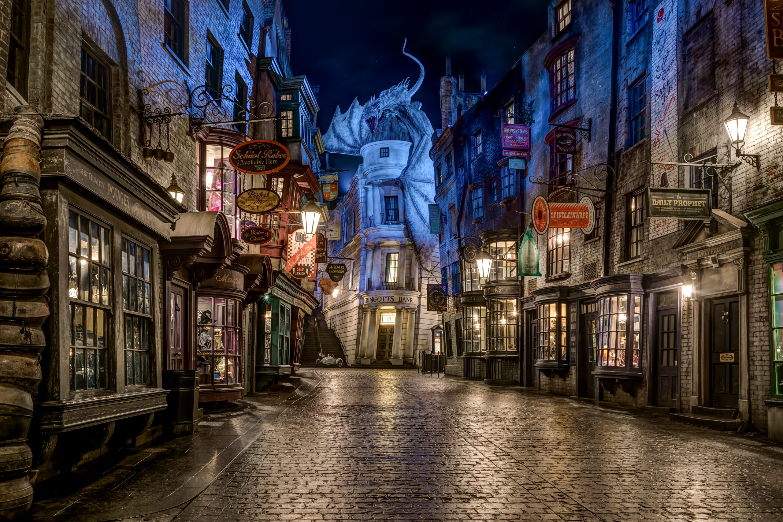 Empty street picture of Diagon Alley at night on a Universal Trip