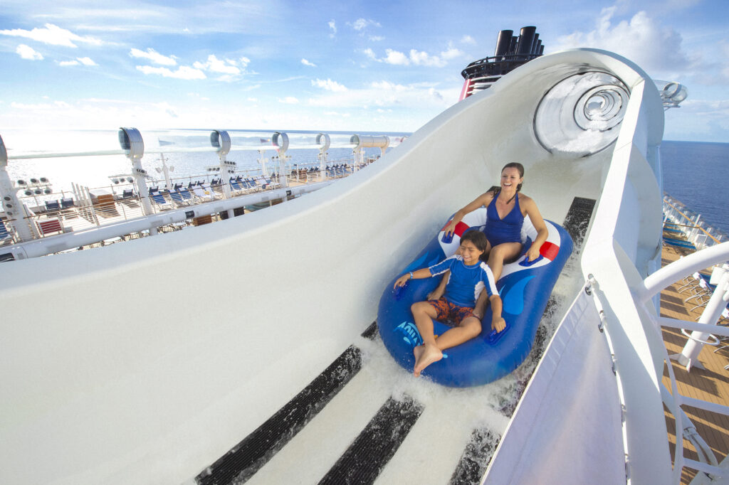 Mom and son riding Aquaduck on Disney Fantasy cruise ship