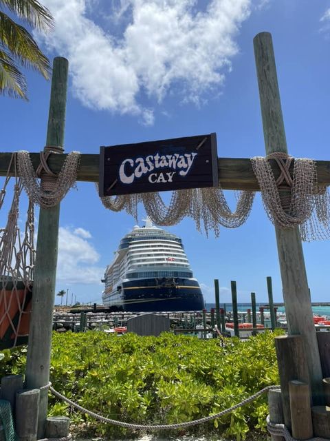 Castaway Cay Sign with ship in background