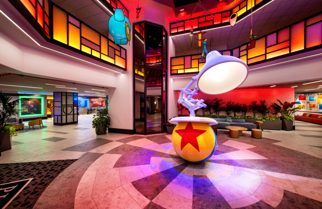 pixar Ball and lamp in center of new lobby at Pixar Place Hotel