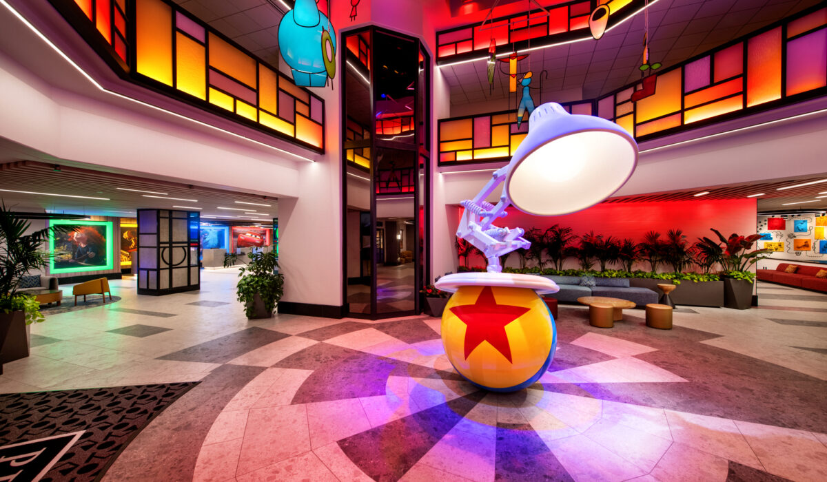 pixar Ball and lamp in center of new lobby at Pixar Place Hotel