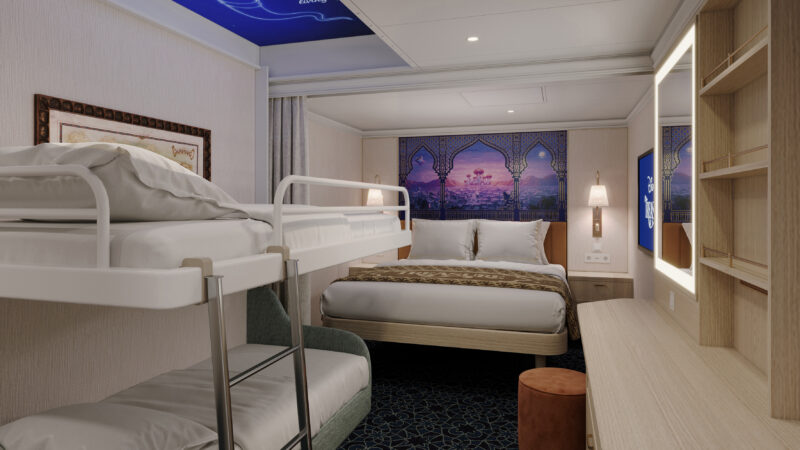 beds open showing stateroom layout on Disney Treasure inside stateroom