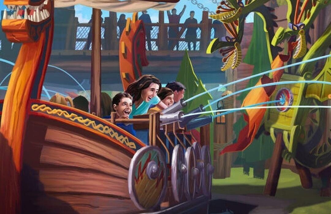 Fyre Drill boat ride showing family spraying dragons in a rendering for new How to Train Your Dragon Land at Universal Epic Universe