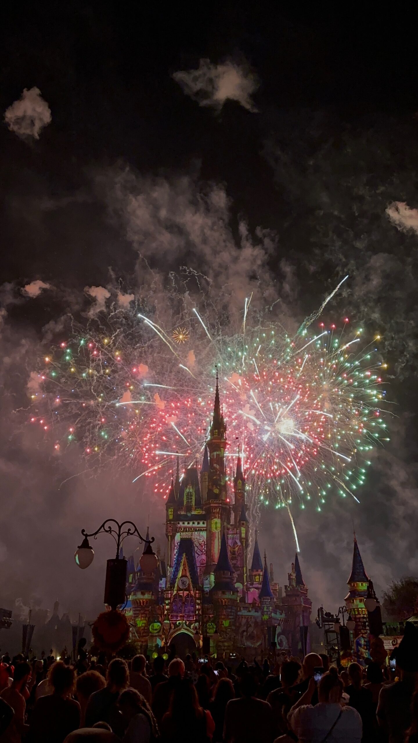 Mickey's Not So Scary Halloween Party fireworks show in Magic Kingdom behind Cinderella's Castle in Walt Disney World