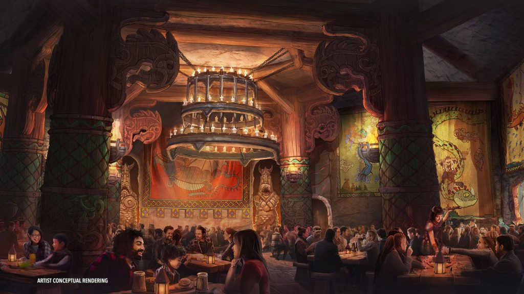 Grand Hall with guests at tables eating in a rendering for new How to Train Your Dragon Land at Universal Epic Universe