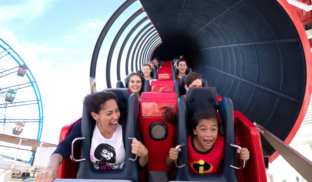 guests on incredicoaster roller coaster ride at Disneyland
