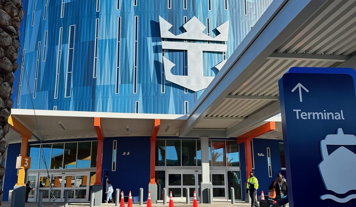 entrance to the royal caribbean cruise terminal in the port of galveston