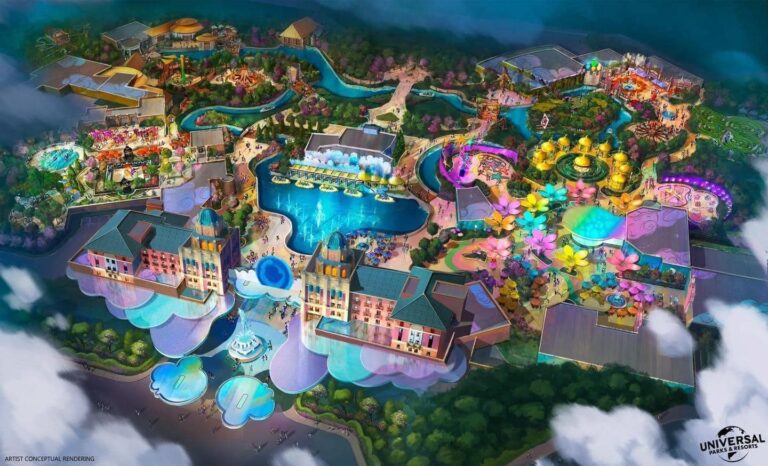 Colorful Rendering of Universal Kids resort in Frisco Texas with multiple themed lands