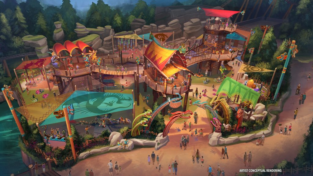 Colorful immersive playground with covered shared areas in a rendering for new How to Train Your Dragon Land at Universal Epic Universe