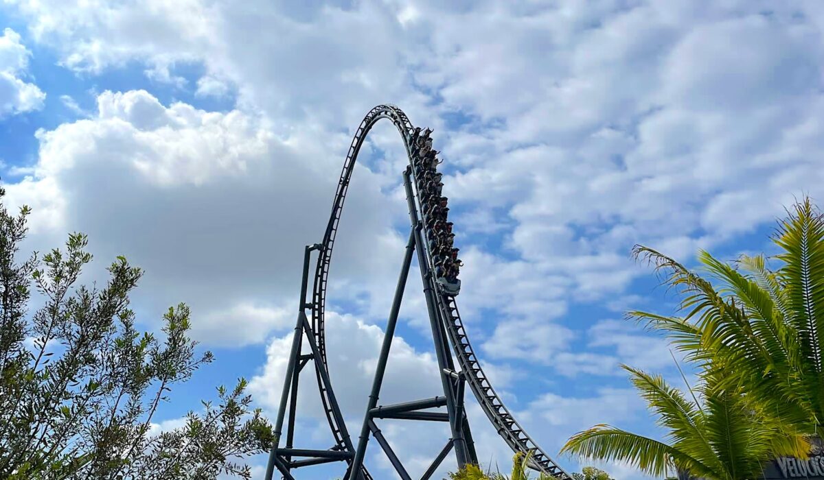 ride vehicle coming down from peak of VelociCoaster roller coaster at Universal Islands of Adventure