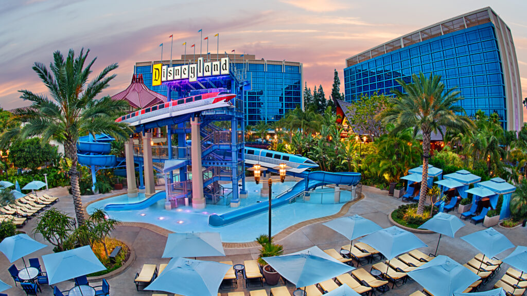 Exterior of the Disneyland hotels with pools in view