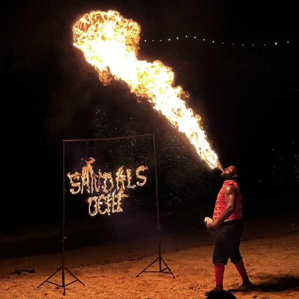 night shot of fire entertainer at Sandals Ochi