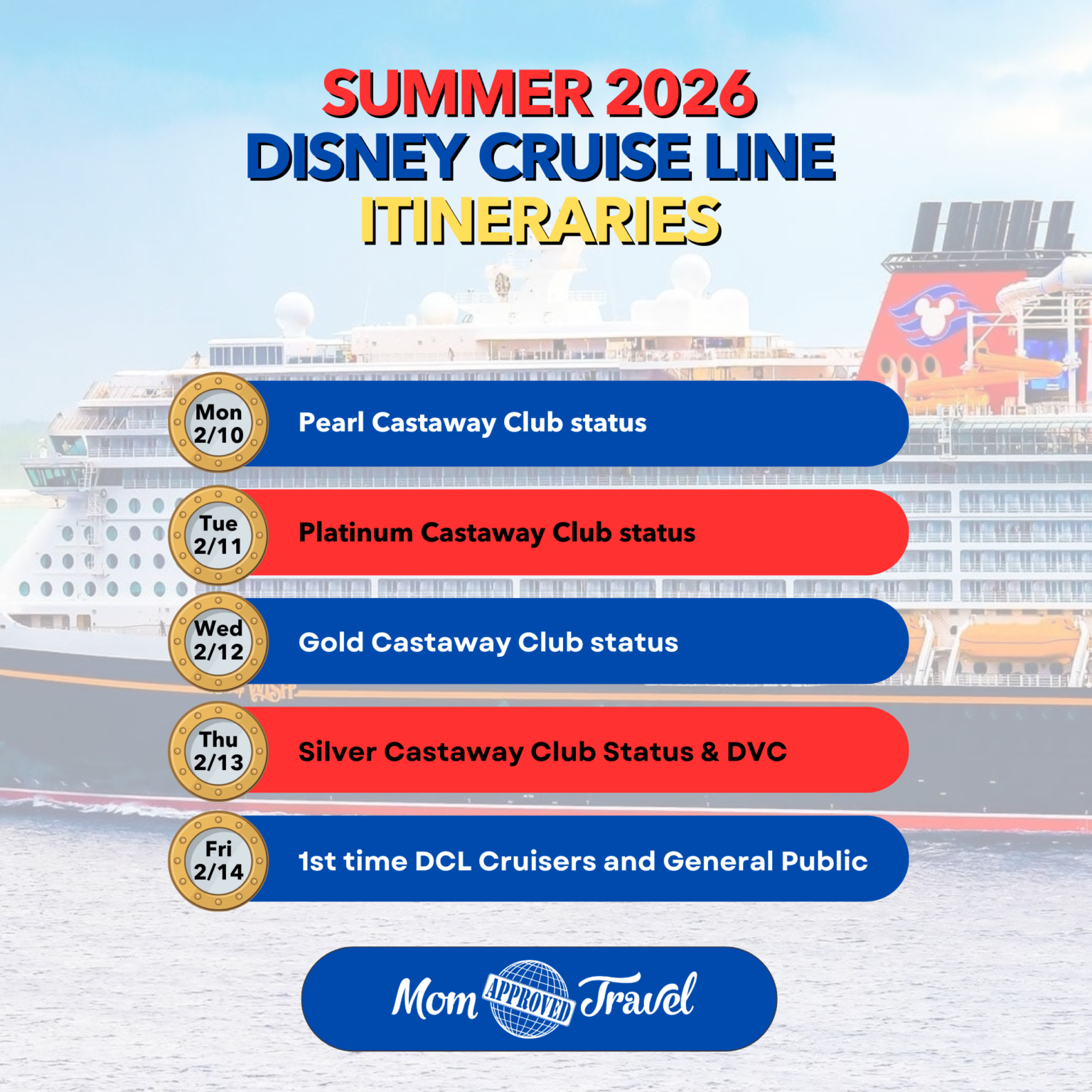 Schedule of 2026 Disney Cruise Itinerary release dates