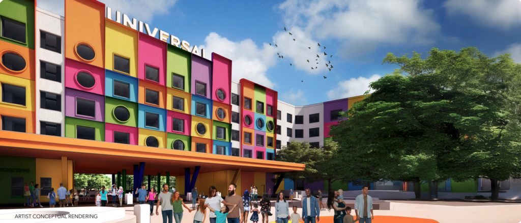 Colorful hotel rendering for Universal Kids Resort in Frisco Texas